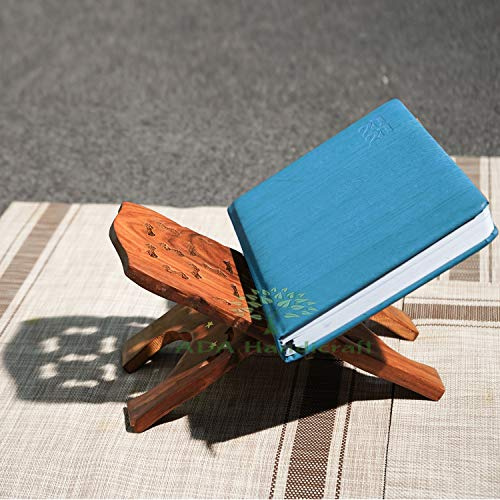 ADA Handicraft Pakka Sheesham-Holzständer, poliert, zusammenklappbar, für Heilige Bücher, mit aufwendigen Handschnitzereien – (Größe 26 x 13,5 x 15 cm, Braun)
