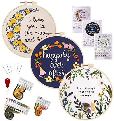 HAOCOO Embroidery Starters Kit for Beginners with 3 Embroidery Cloth, 3 Embroidery Hoops, Threads and Needles (Letter Flower)