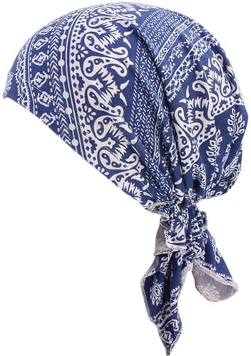 Mössa för cellgiftsbehandling för kvinnor, scarf, mjuk turban, keps, blommig huvudsjal, bomullstyg, huvudbonad, alopeci-bandana, huvudskydd, BLÅ, en storlek