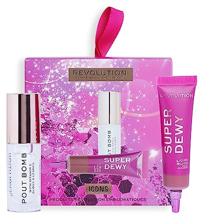 Makeup Revolution Set Regalo Icone, Gloss Labbra, Blush Liquido e Confezione Regalo Rosa Inclusa