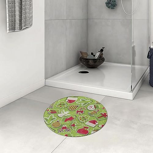 DHAEY Badezimmerteppich rutschfest Weihnachten Cartoon Stil Muster Schneemann Bäume Vögel Hut.Apfelgrün Waschbar Teppich rund Weich Flauschig Badteppich Weich Kurzflor Mikrofaser Badvorleger 60 cm