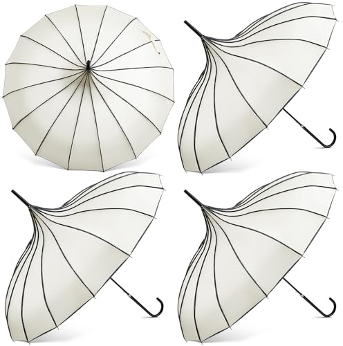 Abbylike 4 Pcs Parasol Pagoda Umbrella 36 Inch Large Gothic Parasol for Sun Protection Old-fashionable Women Goth Umbrella with Long Handle for Rain, UV Protection, Wedding Gifts (Stylish White)