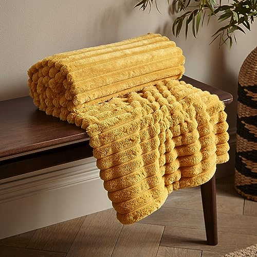 Catherine Lansfield Cosy Ribbed Faux Fur 130x170cm Blanket Throw Mustard