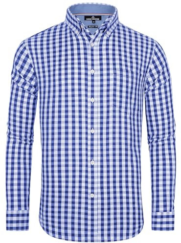 J.VER Trachtenhemd Herren Hemd Blau Longsleeve Hemden Kariertes Trachtenhemd Regular Fit Arbeitshemd Partys Männer Knopfleistes Oberhemd mit Brusttaschen,Marineblau Weiß,XL