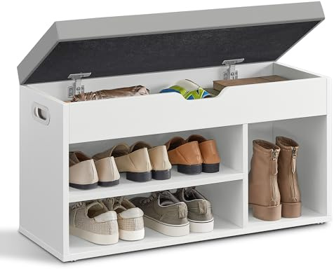 VASAGLE Shoe Bench with Cushion, Storage Bench with Padded Seat, 3 Compartments, Hidden Storage, Shelves, Living Room Lounge Hallway Bedroom, Load Capacity 150 kg, Cloud White LHS030W02