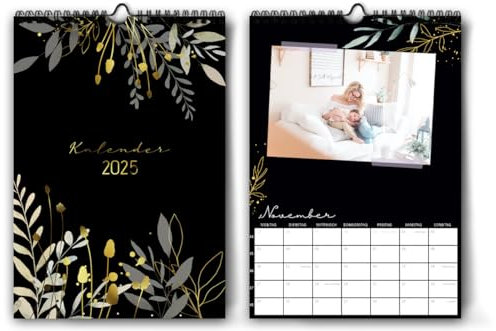 Fotokalender 2025 zum Selbstgestalten I Edler Bastelkalender 2024, DIN A4 I Dunkles Design mit Goldenen Akzenten I DIY Kalender Fotos I Geschenk für Freunde, Eltern, Großeltern