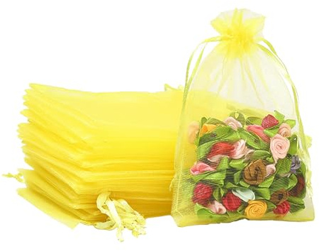 POPOYU 100st Organzapåse Gul, 7×9cm Påse för Smycken, Tom Lavendelpåse, Tyll Konfetti, Konfettipåse, Smyckespåse, Organzapåse, Klädespresentpåse, Smyckepåse med Dragsko, Smyckespåsar