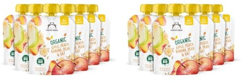 Amazon-Marke: Mama Bear Quetschie Bio Apfel, Pfirsich, Banane, Birne und Haferflockenl, Vegetarisch, 90g (6er-Pack) (Packung mit 2)