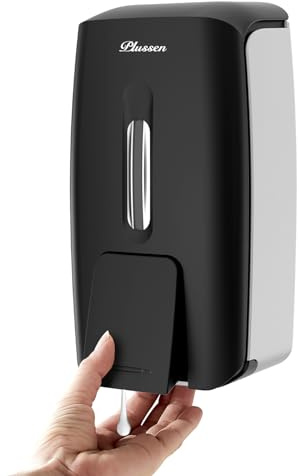 PLUSSEN Dispenser di sapone senza foratura, 800 ml, fissaggio a parete, testa singola, erogatore manuale di sapone per bagno, gel doccia, dispenser liquido progettato con finestra trasparente