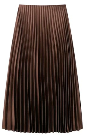 BDXMKS Falda Midi de Satén Falda Plisada for Mujer, Faldas largas de satén for Mujer, Primavera, Cintura Media, Falda Midi marrón, Elegante, Lisa, estética.(Brown,L)