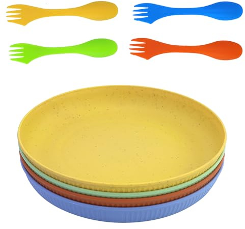 Set di Piatti Infrangibili da 4 Pezzi, Piatti da Picnic in Plastica, Piatti da Campeggio da 23cm per Insalata, Pasta, Feste, Casa, Ufficio, Microonde e Lavabili in Lavastoviglie（E Cucchiai)