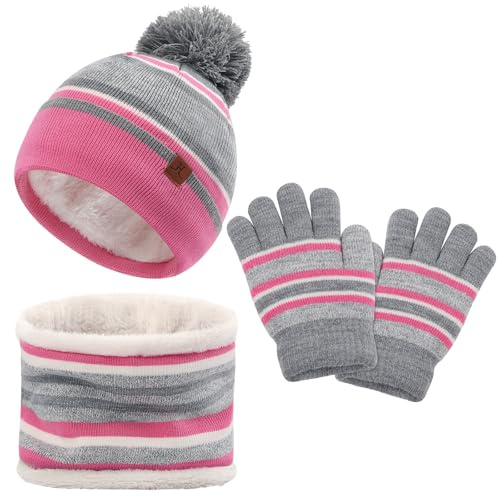 LACOFIA 3 Piezas Conjunto de Gorro Bufanda Guantes Invierno para Niñas Beanie Punto con Pompon Sombrero Forro Polar Térmico para Niñas 2-7 Años Rosa