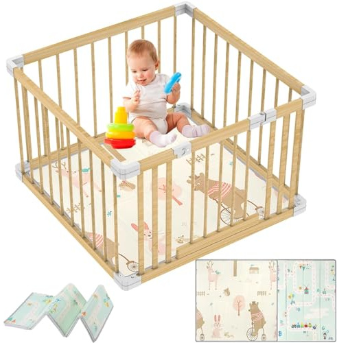 YUMBOT Laufstall Baby, 90x90cm Holz Laufstall Baby mit Matratze, Aus Massivem Kiefernholz, Sicher Unlackiert, mit Tür, 4 Panels, Top Qualität & einfache Montage/Demontage in 10 Minuten