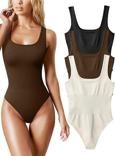 JXHSWDG 3-delade bodysuits för kvinnor Sexiga ribbade fyrkantiga halsringar Ärmlösa linne Body, Thong Shapewear Bodysuits