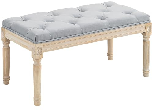 HOMCOM Banco Pie de Cama, Taburete Pie de Cama Tapizado en Lino Sintético con Patas de Madera y Asiento Acolchado, Estilo Vintage, Banco para Dormitorio, Entrada, Pasillo, Gris Claro