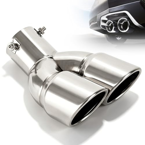 Auto Auspuff Endrohr Edelstahl, Universal Double Outlets Exhaust Pipe, 63mm Auspuffblende Auto, Auspuffblende Endrohr Schalldämpfer Auspuffrohr, Endrohr Auspuffblende, Doppel Schräg Auslass Endrohr
