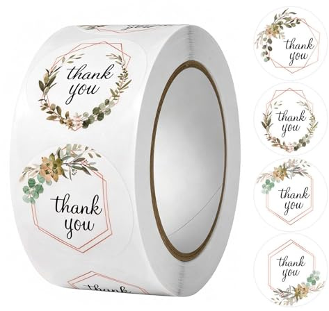 Merzio 500 Pcs Thank You Stickers Roll, Round Self Adhesive Labels for Small Business Packaging Wedding Happy Birthday Party Bags Envelopes and Giving Gifts, Waterproof Floral Design (2.5cm)