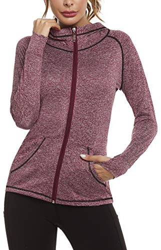 Sykooria Damen Sweatjacke Langarm Trainingsjacke Laufjacke Hoodie Leichte Atmungsaktiv Sportjacke voll Zip Kapuzenjacke mit Daumenloch und Seitentasche Fitness