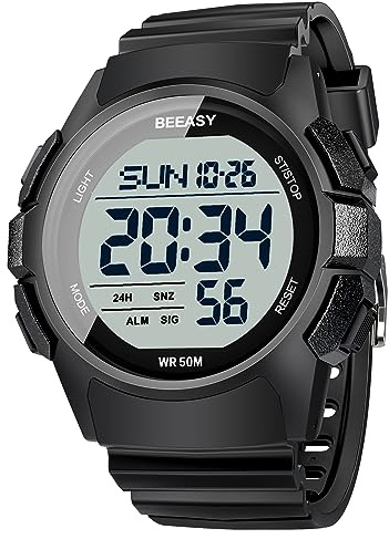 Beeasy Mens Digital Sports Watch, 50M Waterproof 49mm Rubber Strap Mens Watches with Stopwatch, Countdown Timer, Alarm & Dual Time—Ideal for Sport, Gym, Running, Referee, School & Daily Wear