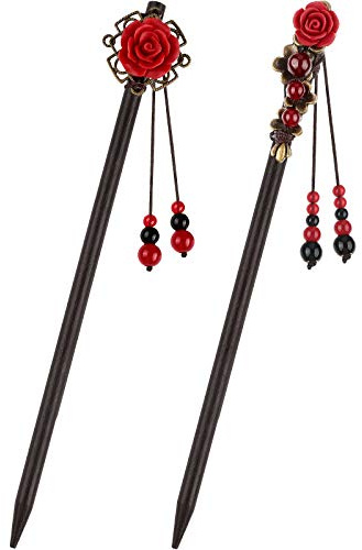 WILLBOND 2 Pieces Chinese Wooden Hair Sticks Retro Wooden Hairpins Japanese Classic Hair Chopsticks Handmade Flower Accessories for Women(Classic Style)