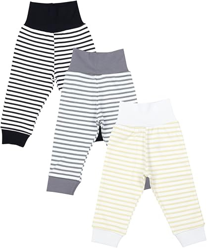 TupTam Pantalones Bebé Niño 3 Unidades – Pantalón Algodón Bebé Cómodo, Certificado Oeko-Tex, Rayas Beige Azul Oscuro Gris, 86