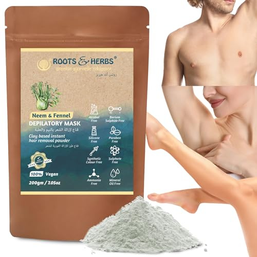 ROOTS AND HERBS Neem and Fennel Depilatory Mask - Vegan Hair Removal for Sensitive Skin: Facial, Pubic, Bikini, Leg - Organic Powder Waxing