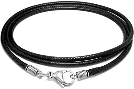 Sora Tuki Leather Necklace Cord with Clasp, 16inch-24inch Braided Rope Necklace for Men Women 316L Stainless Steel Clasp, 2mm Black Leather Cord Necklace Black Leather Necklace 16inch