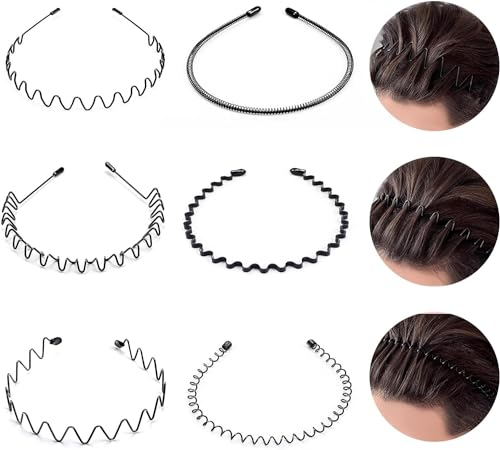 Kavya 6 Stück Metall Haarband Herren, Haarreifen Männer Damen Schwarz Headband Welle Haarreif Unisex Stirnband Rutschfestes Hair Band Yoga Sports Gym