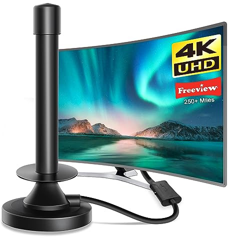 Fivglrig Indoor TV Aerial - Digital TV Aerial for Freeview, 360° & 250+ Miles Range, Black, 4K 1080P All Local Channels