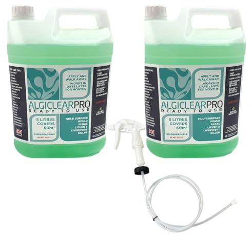 Algiclear Pro Ready To Use, Algae Remover, Patio Cleaner Fluid for Decking Cleaner, Driveways, Roof Cleaner - Mould Remover, Liverwort, Lichen & Mould Cleaner 10 Litres (2 x 5L) with Trigger spray