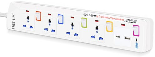 East Tim 3 Meter Extension Lead with USB, Multi Plug Power Strip, 4 Way Plug Adapter, Surge Protector with Independent Switches, Wall Socket Extension for Bedroom, Office, Dorm, White