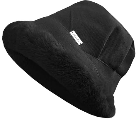 NLAND Chapeau Bob Femme Hiver Chic en Fausse Fourrure Chaud Chapeaux de Seau Bonnet d'hiver en Peluche(Noir)