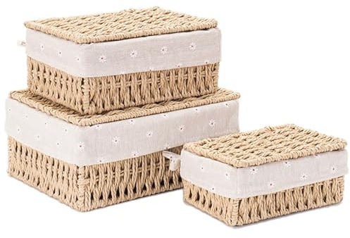 Kongming 3 pezzi Cestino Portaoggetti porta Coperchi e Fodera rimovibile, Scatole Portaoggetti impilabile Cesto Vimini Intrecciato per Camerette, Cassetti, Cucine, Bagno, Soggiorno