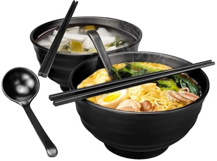YBIETH Ramen Cereal Bowl Set of 2, 1300ml Large Melamine Noodle Bowls, Plastic Ramen Bowls with Spoons and Chopsticks, Japanese Noodles Bowl for Soup, Salad, Pasta, Udon