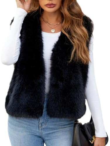 YuanDiann Damen Kurz Kunstfell Weste Herbst Winter Casual Mode Warm ärmellose Fellimitat Kunstpelz Westen Kurze Schwarz XL