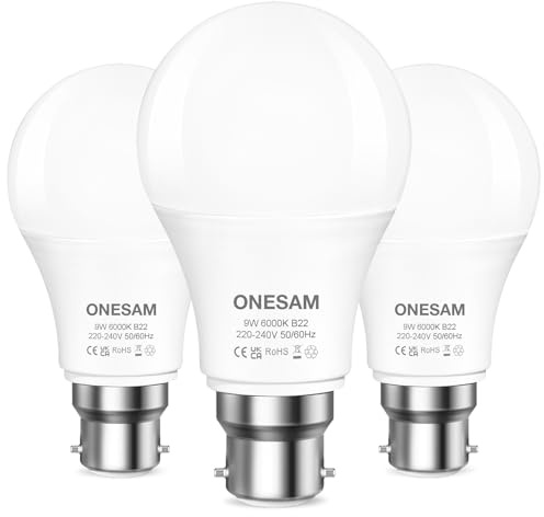 ONESAM Bayonet Light Bulb,60w Equivalent,Cool White 6000K,9W Light Bulb,830LM B22 LED Bulb,A60 GLS Energy Saving Lightbulbs Bayonet,220-240V,Non-dimmable,Pack of 3