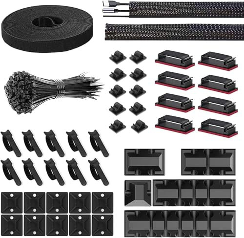 Générique Kit de gestion de câbles, 146Pcs Tidy for Home Office sous le bureau - 100 attaches de câbles, 5 supports en silicone, 2 manchons, 28 clips adhésifs, 1 rouleau de sangles d'organisation