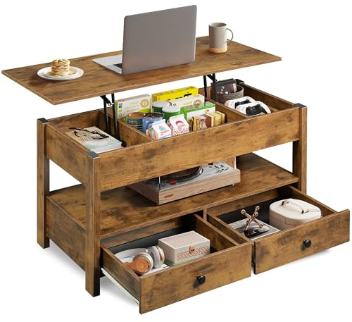 WLIVE Table Basse Relevable en Bois avec Rangement, Table de Salon en Finition « Motif Brûlé Profond » Unie (Plateau et Pieds), 2 Tiroirs, Étagère Ouverte, 100 x 50 x 48 cm