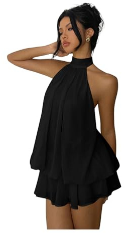 Verdusa Women's Chiffon Halter Drop Waist Wedding Guest Dresses Ruffle Summer Mini Dress Brunch Outfits Black Small