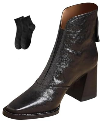 POIOZXD Botines cortos de piel para mujer, para otoño e invierno, punta cuadrada, retro, con cremallera trasera, tacón grueso, plataforma para exteriores, zapatos cómodos para mujer, Black, 38.5 EU
