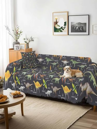 Grey Dinosaur Sofa Cover Blanket Couch Covers for Armchair Cushion,Couch Sofa Silpcover with Tassel,Vintage Letters Farm Animals Living Room Bedroom Throw Towel Blanket Covers XX-L 71x150