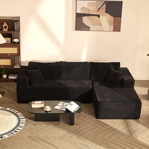 Litbird 272 cm Canapé d’Angle Modulable sans Montage, Velours Côtelé, Noir | Configuration Flexible, Assise Profonde, Mousse Haute Densité, Coussins de Dossier, Pour Salon