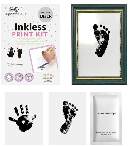 3-delars set med fotoram, Inkless Baby hand- och fotavtrycksram, Bläckfri babyhand- och fotavtryckssatsram, bläckfri, rörfri bebisram, babyminnessak, babyfotavtryckssats (Svart)