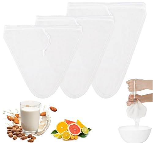 3 Pezzi Sacchetti Filtro per Latte di Noci, Forma a V, Cotone e Lino Naturale, Riutilizzabili, 3 Dimensioni: 8, 10, 12 Pollici, con Cordoncino, per Latte di Mandorle, Soia, Caffè e Succo