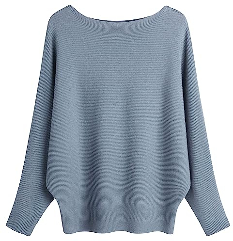 FULIER Pull Femme Col Bateau Pull Tricoté Bat Manches Longues Casual Loose Sweater Taille Unique (Bleu Denim)