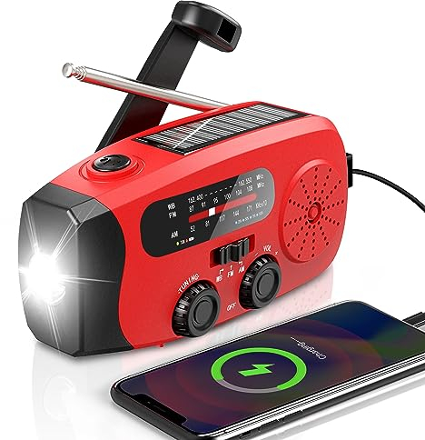 Emgykit Radio d'urgence à manivelle 086S - 2000 mAh/7400 mWh AM/FM/NOAA - Radio d'urgence à manivelle solaire avec 3 lampes de poche LED, fonction SOS pour urgences, camping - Rouge
