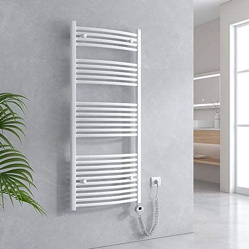EMKE Badheizkörper Elektrisch 1400 x 600 mm, Gebogen Handtuchheizkörper Elektrisch mit Thermostat, Handtuchtrockner Handtuchwärmer mit Timer Weiß 600W