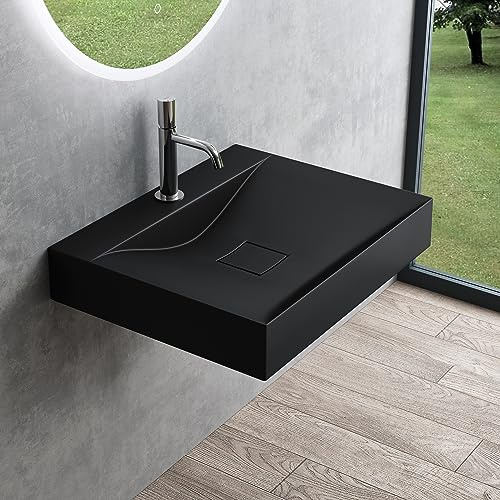 Mai & Mai Waschbecken Hänge Waschtisch Aufsatz Waschschale Mineralguss Schwarz Matt Rechteckig Breite: 60 cm 1 Armaturenloch Col810