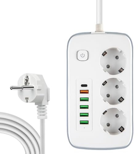 AEUZWR Multiprise Electrique, Bloc Multiprise, Multiprise Parasurtenseur, Parafoudre Multiprise avec Interrupteur, 3 Prises Outlet + 6 Ports USB, 2M Rallonge Multiprises, Sécurité Enfant, Blanc