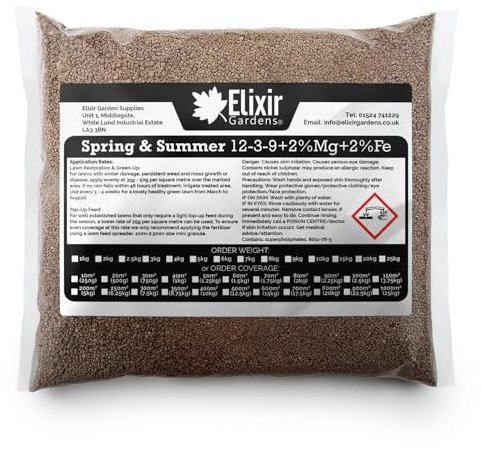 Elixir Gardens Seasonal Lawn Fertilisers for Turf & Grass | Spring & Summer 12-3-9 Bag | Granular Feed with added Iron & Magnesium | Treats 250 Sq. Meters